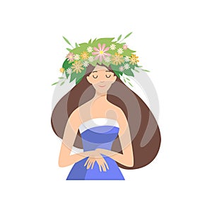 Young Beautiful Woman with Flower Wreath in Her Hair, Portrait of Elegant Brunette Girl with Floral Wreath Vector