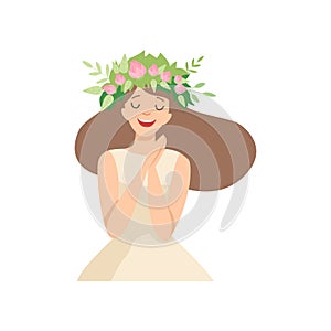 Young Beautiful Woman with Flower Wreath in Her Hair, Portrait of Happy Smiling Elegant Girl with Floral Wreath Vector