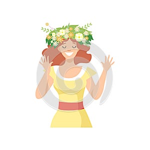 Young Beautiful Woman with Flower Wreath in Her Hair, Portrait of Happy Smiling Girl with Floral Wreath Vector