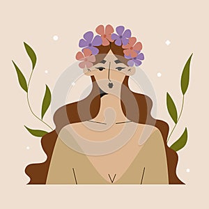 Young beautiful woman with a flower wreath on her head. Women's mental health, blooming brain, positive mind and