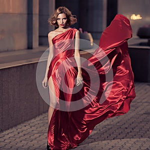 Young Beautiful Woman In Fluttering Red Dress. City Background.