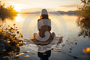 Young beautiful woman girl are doing sport fitness yoga position on a stone at a beautiful lake