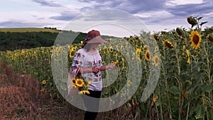 Young beautiful woman in a hat walks across the field with tall sunflowers.