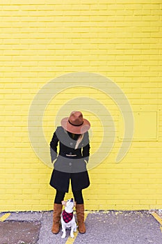 Young beautiful woman having fun with her dog. Yellow brick wall background. Love and pets outdoors. City and urban