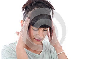 Young beautiful woman having headache migraine, on white