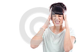 Young beautiful woman having headache migraine, on white