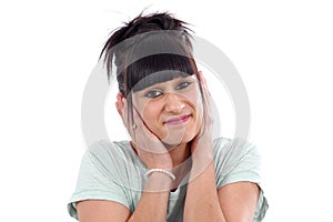 Young beautiful woman having headache migraine, on white