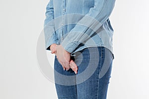 Young beautiful woman having painful stomachache on white background. Chronic gastritis. Abdomen bloating concept