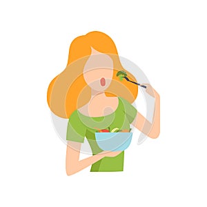 Young beautiful woman holding a bowl of vegetables and eating, healthy eating, diet, organic vegan food vector