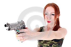 Young beautiful Woman holding Handgun