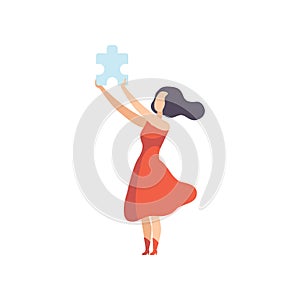 Young beautiful woman holding jigsaw puzzle element, girl having idea vector Illustration on a white background