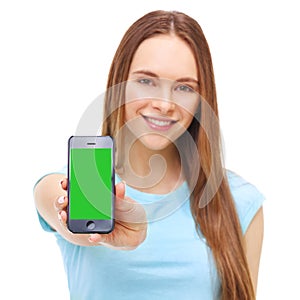 Young beautiful woman holding smartphone with copyspace