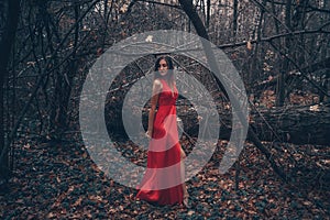 Young beautiful woman in the long flying red dress is walking along foggy mysterious forest