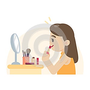 Young beautiful woman making makeup rouging her lips, vector ill