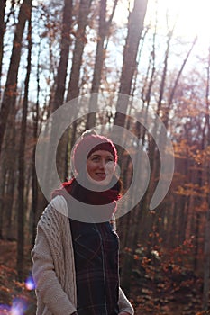 Young beautiful woman in one of the most amazing beech forest in Europe, La Fageda d'en Jorda, an amazing forest.