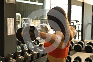 Young beautiful woman performing shoulder exercises with dumbbells in a gym. Fitness concept, weights, bodybuilding, gymnastics,