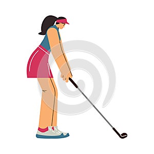 Young beautiful woman playing golf, hitting ball with club vector isolated illustration, sport leisure activity training