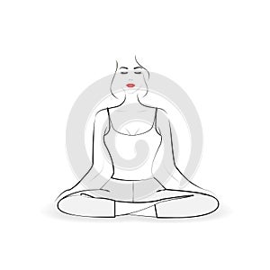 Young beautiful woman practicing yoga in lotus pose, outline style, vector illustration