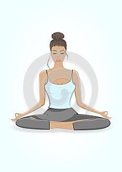 Young beautiful woman practicing yoga in lotus pose, vector illustration