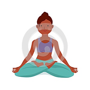 Young beautiful woman practicing yoga sitting in lotus pose with crossed legs isolated vector illustration