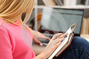 Young beautiful woman read book study hard prepare for exam