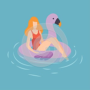 Young Beautiful Woman in Red Swimsuit Floating on Inflatable Ring in Shape of Flamingo in Swimming Pool or Sea Vector