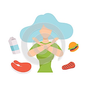 Young beautiful woman refusing unhealthy food, healthy eating, diet, organic vegan food vector Illustration