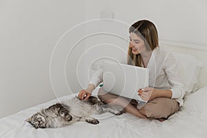 Young beautiful woman relaxing using laptop computer and stroking her gray Maine Coon cat in the bedroom. Working from home.