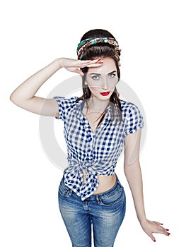 Young beautiful woman in retro pin up style saluted isolated photo