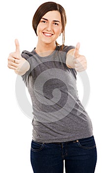 Young beautiful woman showing thumbs up