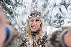 Young Beautiful Woman Smile Camera Taking Selfie Photo In Winter Snow Forest Girl Outdoors