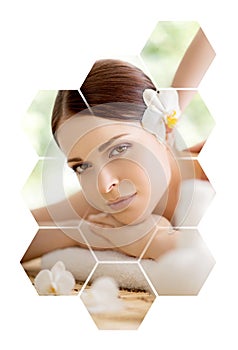 Young and beautiful woman in spa. Collage with honeycomb mosaic tiles. Massaging and healing concept.