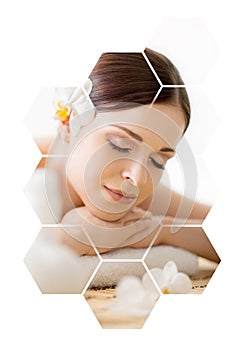 Young and beautiful woman in spa. Collage with honeycomb mosaic tiles. Massaging and healing concept.