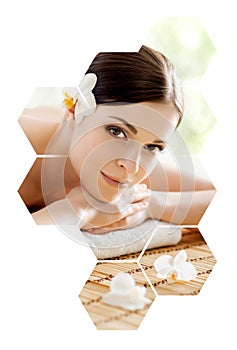 Young and beautiful woman in spa. Collage with honeycomb mosaic tiles. Massaging and healing concept.