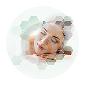 Young and beautiful woman in spa. Collage with honeycomb mosaic tiles. Massaging and healing concept.