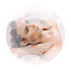 Young and beautiful woman in spa. Collage with honeycomb tiles. Healing and massaging concept.