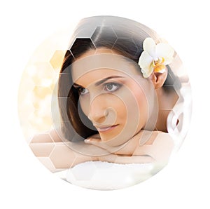 Young and beautiful woman in spa. Collage with honeycomb tiles. Healing and massaging concept.