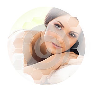 Young and beautiful woman in spa. Collage with honeycomb tiles. Healing and massaging concept.