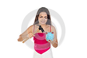 Young beautiful woman standing with piggy bank money box