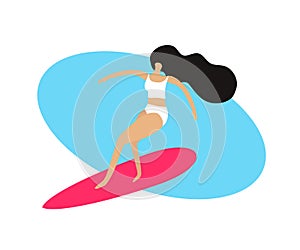 Young beautiful woman surfing. Cartoon. Vector