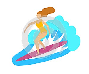 Young beautiful woman surfing. Cartoon. Vector