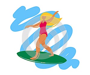 Young beautiful woman surfing. The girl goes for a drive on a surfboard. Cartoon. illustration.