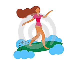 Young beautiful woman surfing. The girl goes for a drive on a surfboard. Cartoon. Vector