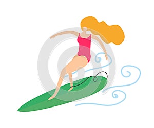 Young beautiful woman surfing. The girl goes for a drive on a surfboard. Cartoon. Vector