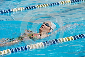 Young beautiful woman with swimsuit swimming on a blue water pool