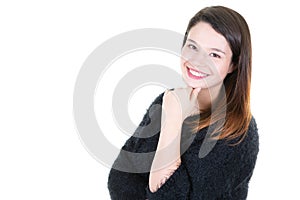 Young beautiful woman thinking looking face with blank copy space over white background