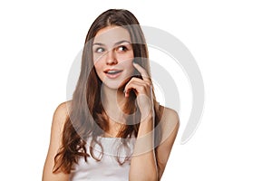 Young beautiful woman thinking looking to the side at blank copy space, isolated over white background