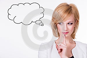 Young beautiful woman thinking looking to the side at blank copy space, isolated over white background