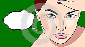 Young beautiful woman thinking with speechbubble photo