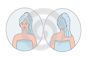 A young beautiful woman with a towel on her head. Vector illustration of the concept of beauty, hygiene. Front and rear view